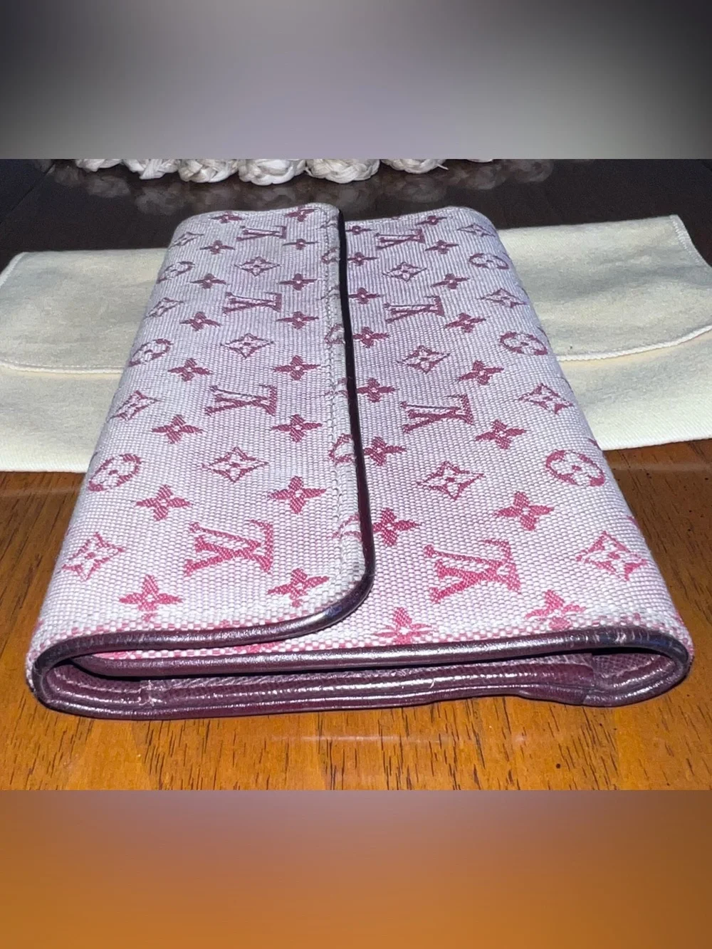 Louis Vuitton Mini Lin Monogram Canvas Snap Clutch Wallet - Cherry and Cream